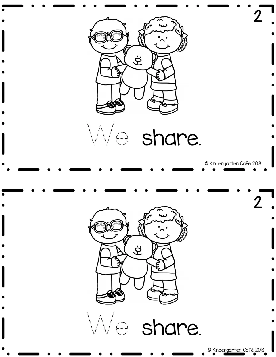 Reader page 2, printed twice: “We share.” with a traceable “We” and two children sharing a teddy bear.
