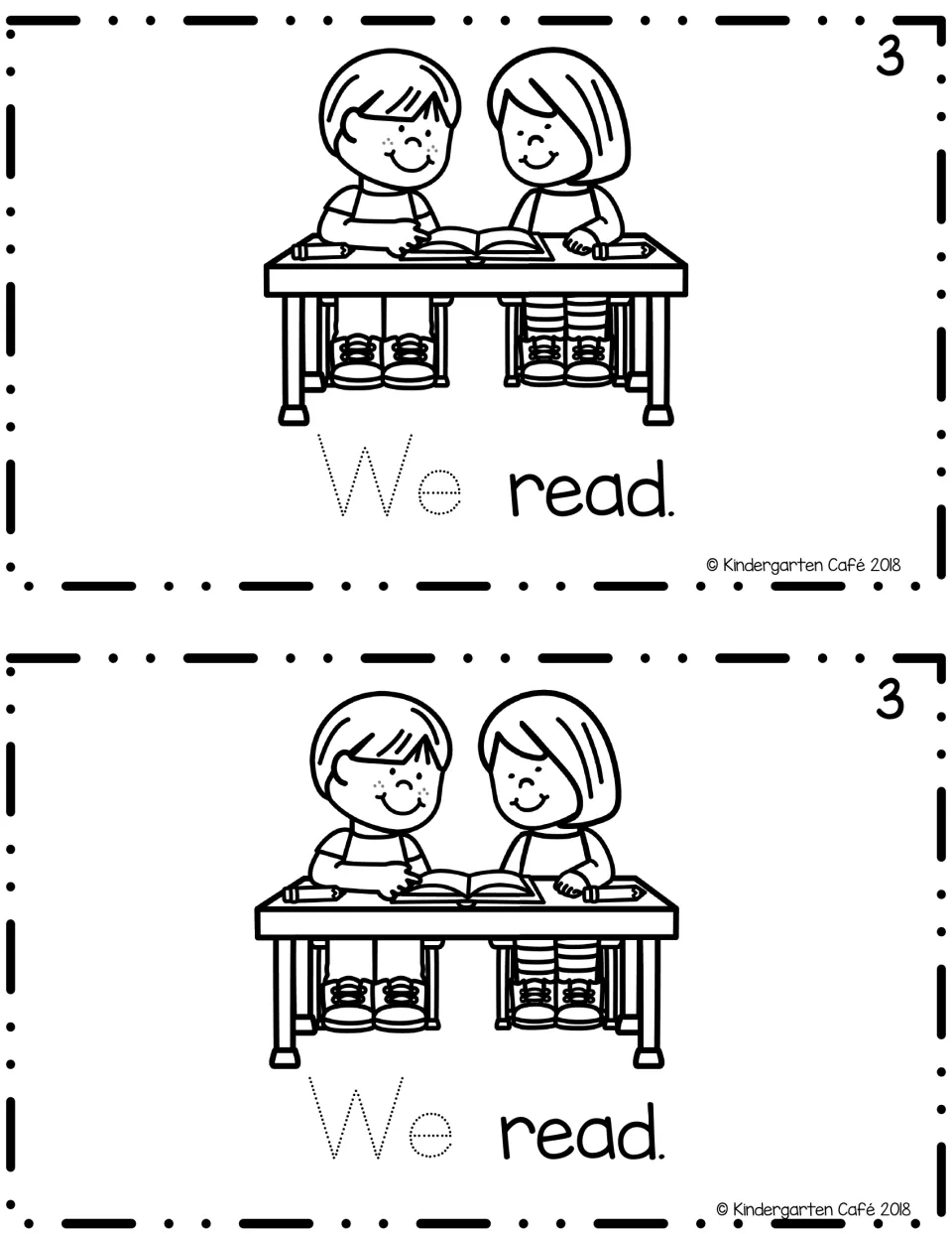 Reader page 3, printed twice: “We read.” with a traceable “We” and two children reading a book together.