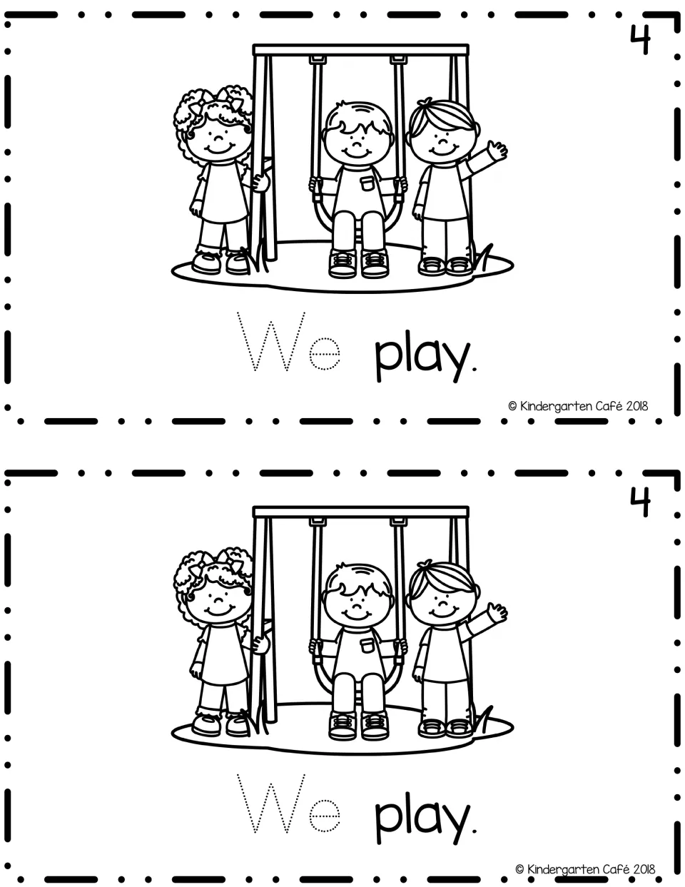 Reader page 4, printed twice: “We play.” with a traceable “We” and three children playing at a swing.