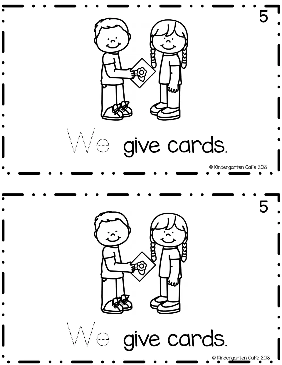 Reader page 5, printed twice: “We give cards.” with a traceable “We” and a child giving another child a card.