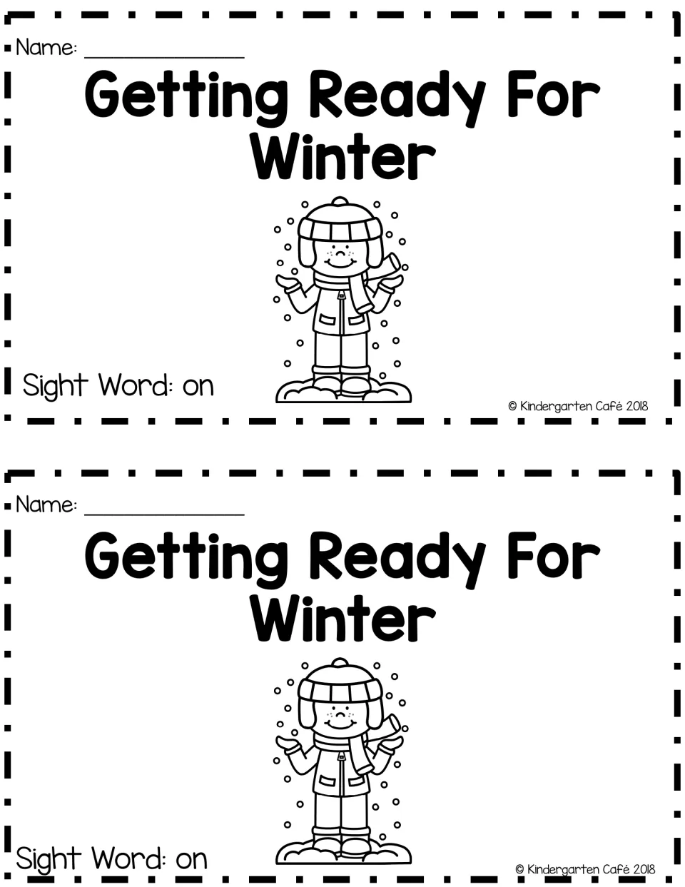 Getting Ready for Winter booklet cover, printed twice, with “Sight Word: on” and a child dressed for snow.