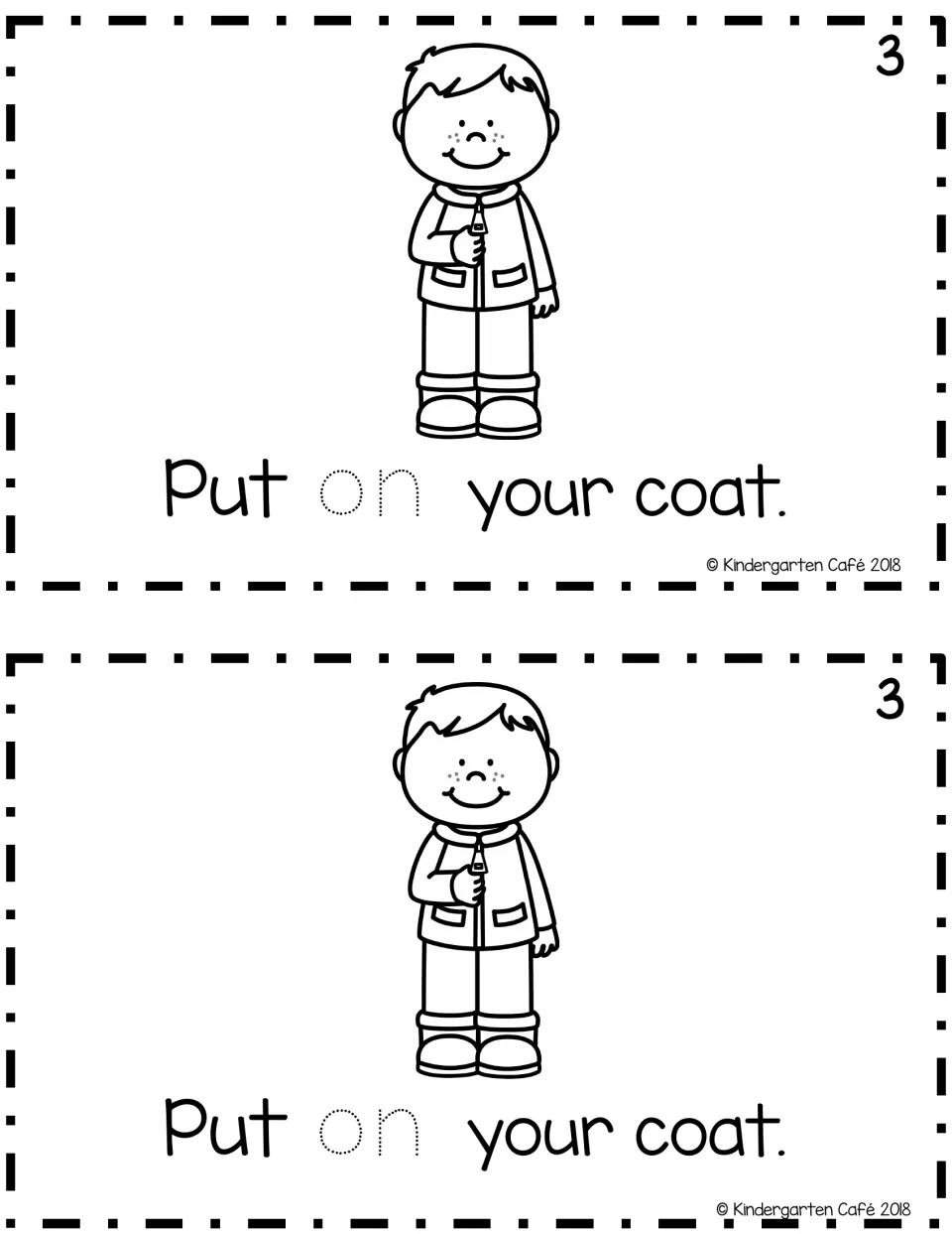 Reader page 3, printed twice: “Put on your coat.” includes traceable “on” and a child wearing a coat.