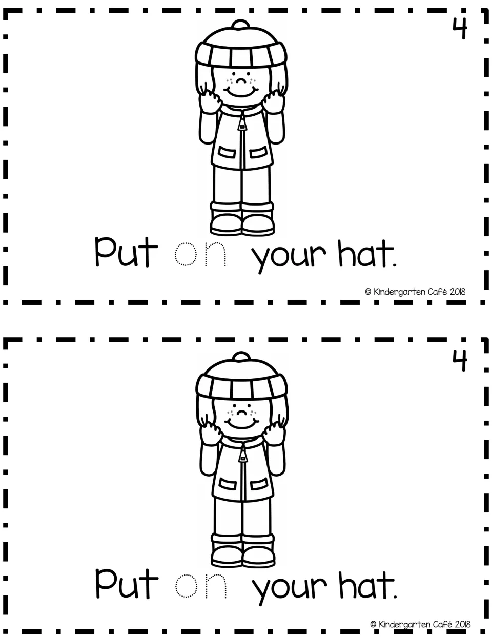 Reader page 4, printed twice: “Put on your hat.” includes traceable “on” and a child wearing a winter hat.