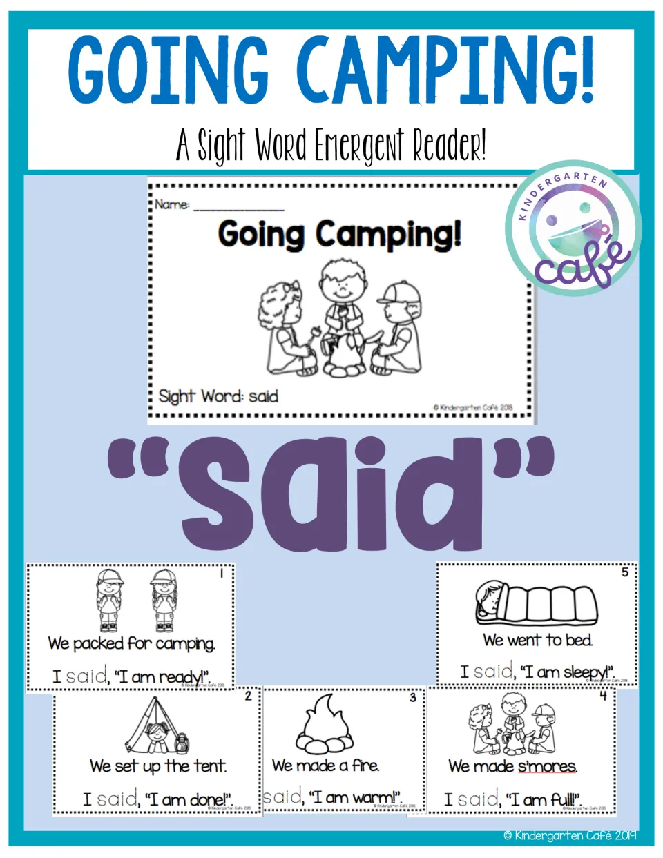 Preview of the camping sight word reader featuring “said,” with samples of the cover and five story pages