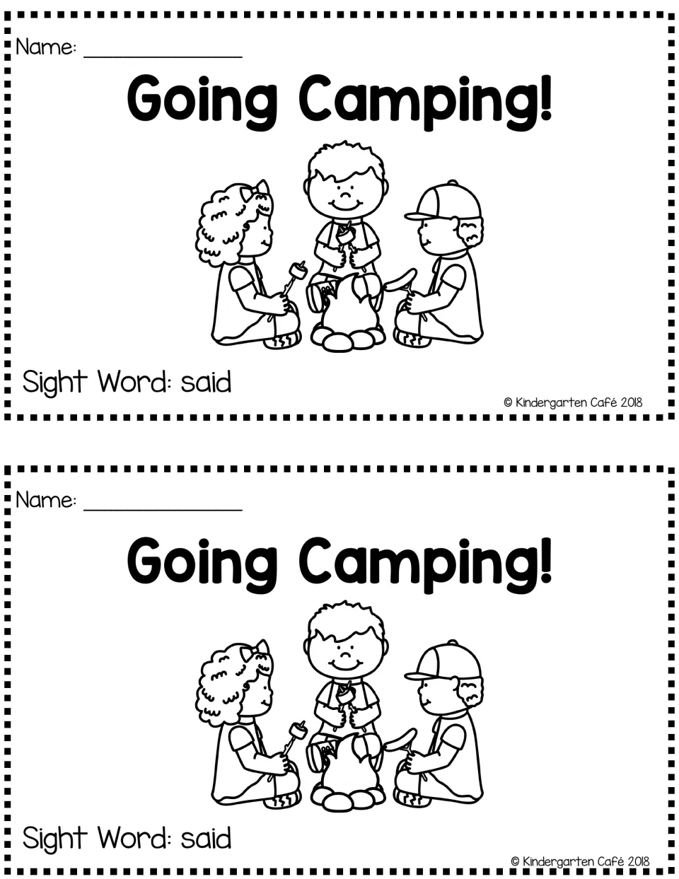Two copies of the Going Camping! booklet cover, labeled “Sight Word: said,” show children around a fire