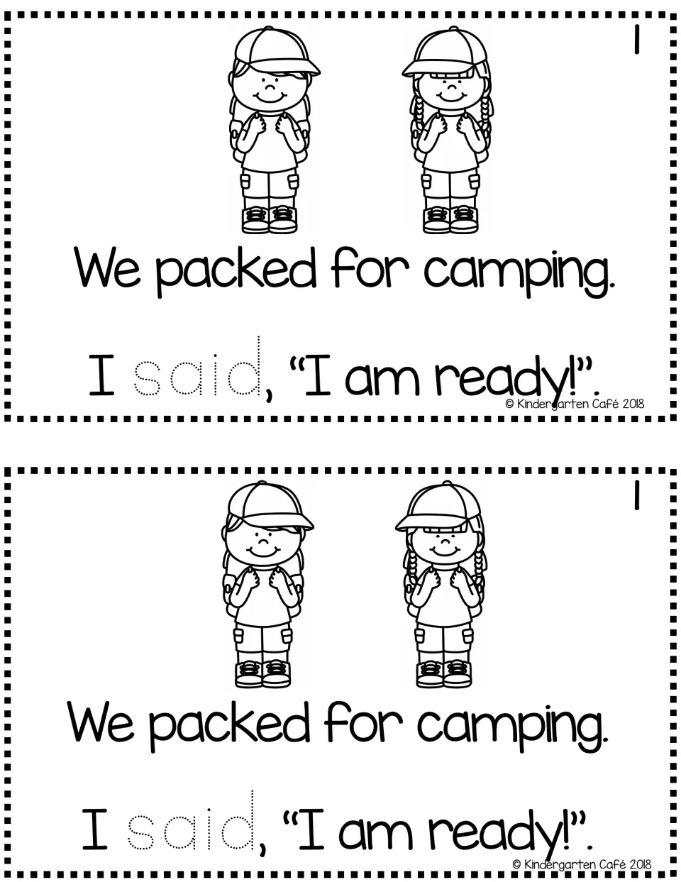 Story page 1, printed twice: “We packed for camping.” and “I said, ‘I am ready!’” with “said” to trace