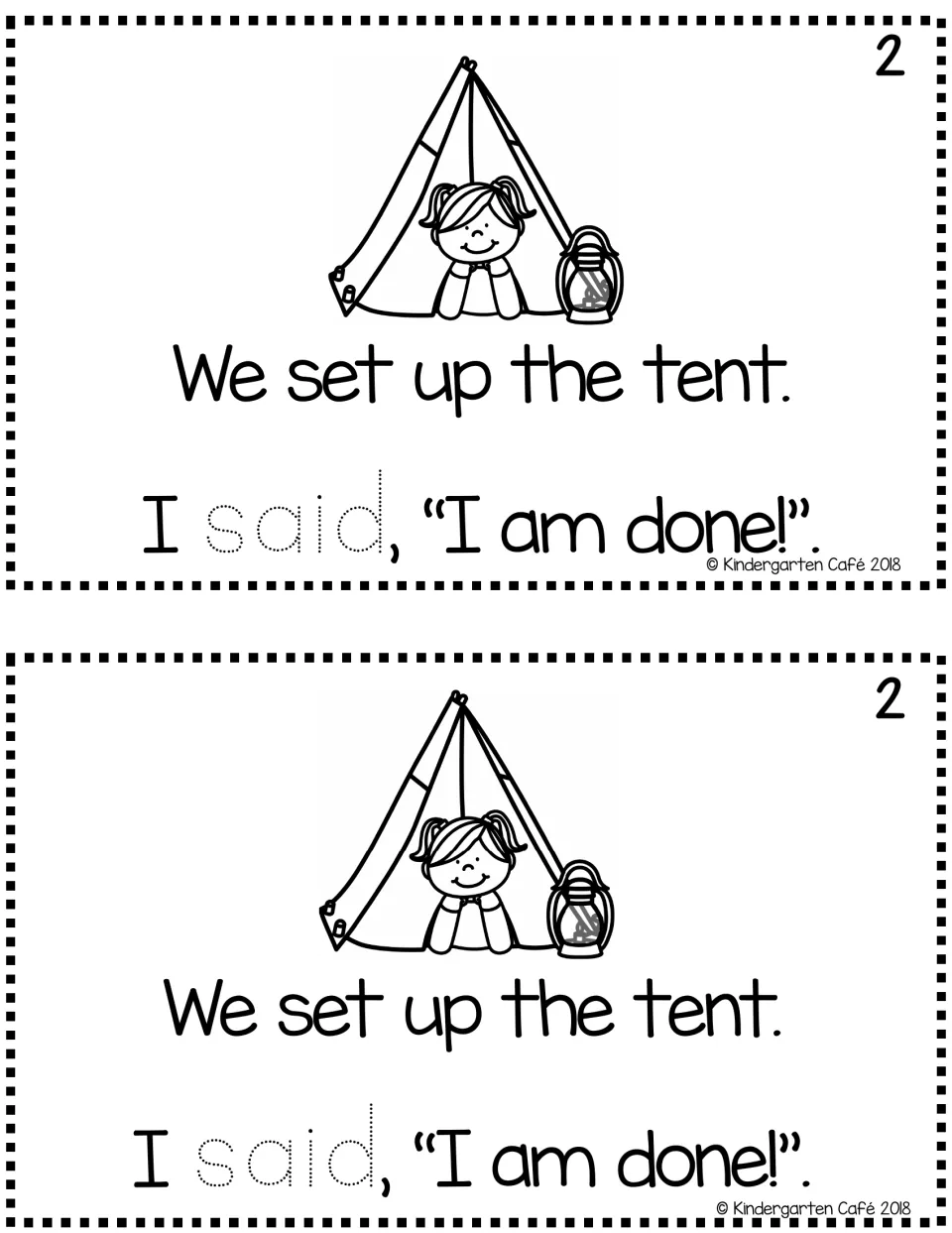 Story page 2, printed twice: “We set up the tent.” and “I said, ‘I am done!’” with “said” to trace