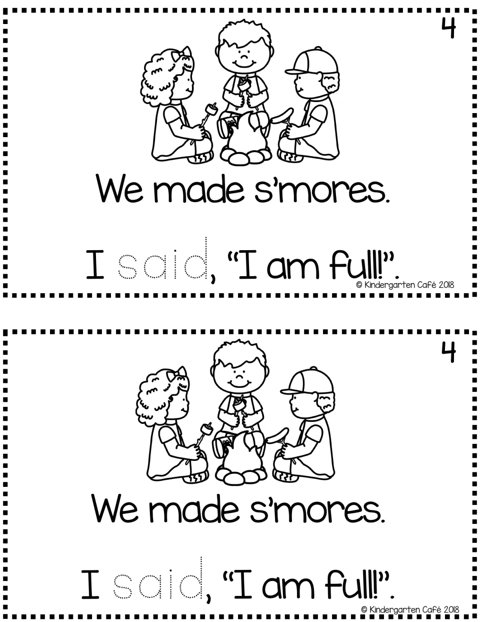 Story page 4, printed twice: “We made s’mores.” and “I said, ‘I am full!’” with “said” to trace