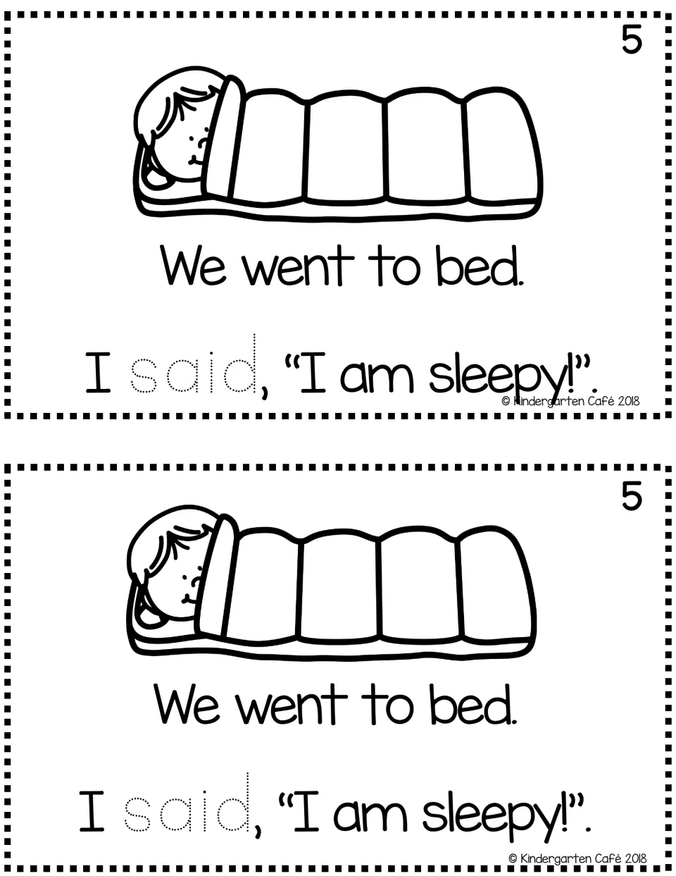 Story page 5, printed twice: “We went to bed.” and “I said, ‘I am sleepy!’” with “said” to trace