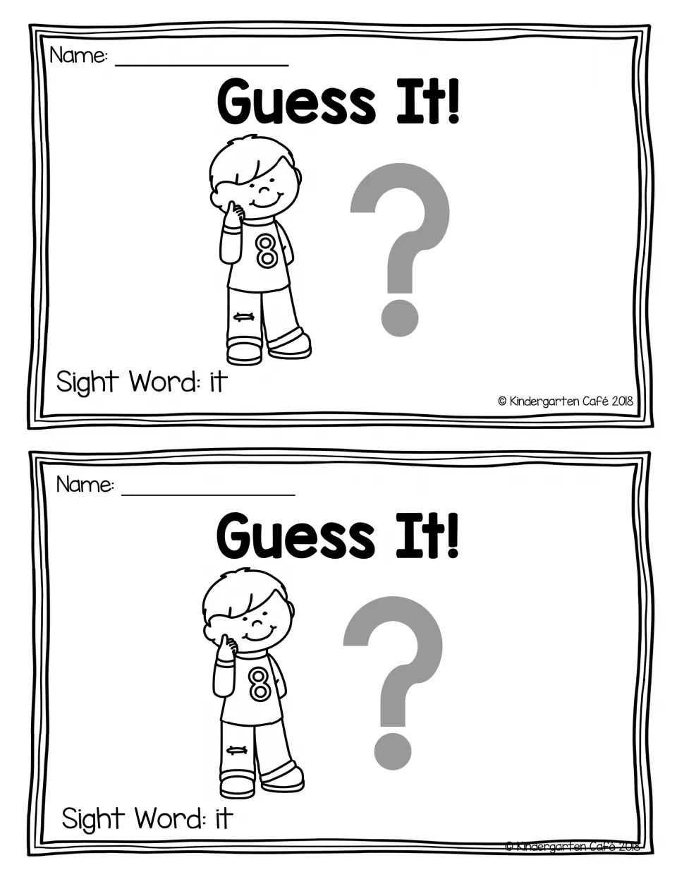 Two copies of the reader’s cover include a name space, “Sight Word: it,” a thinking child, and a question mark.