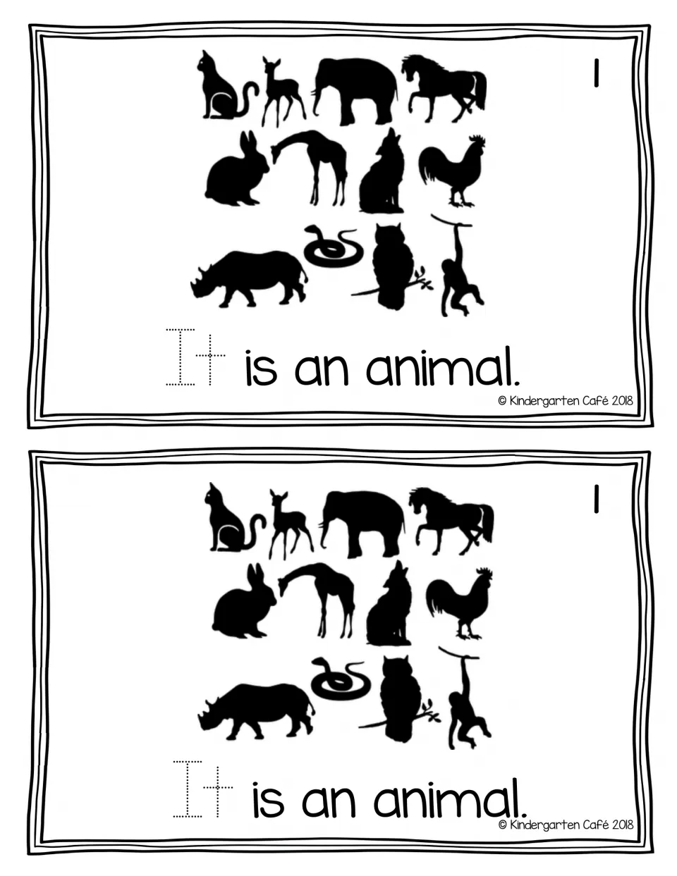 Reader page 1, printed twice: “It is an animal.” accompanies animal silhouettes, with “It” dotted for tracing.