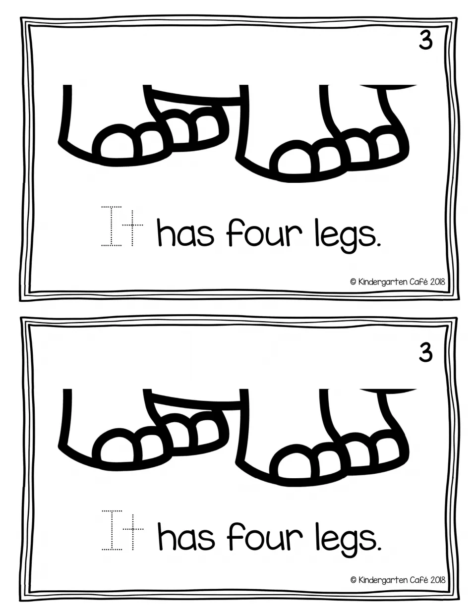 Reader page 3, printed twice: “It has four legs.” accompanies elephant feet, with “It” dotted for tracing.