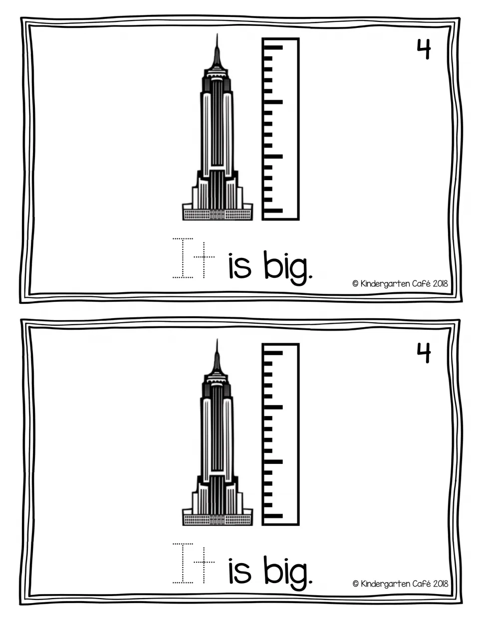 Reader page 4, printed twice: “It is big.” shows a skyscraper beside a ruler, with “It” dotted for tracing.