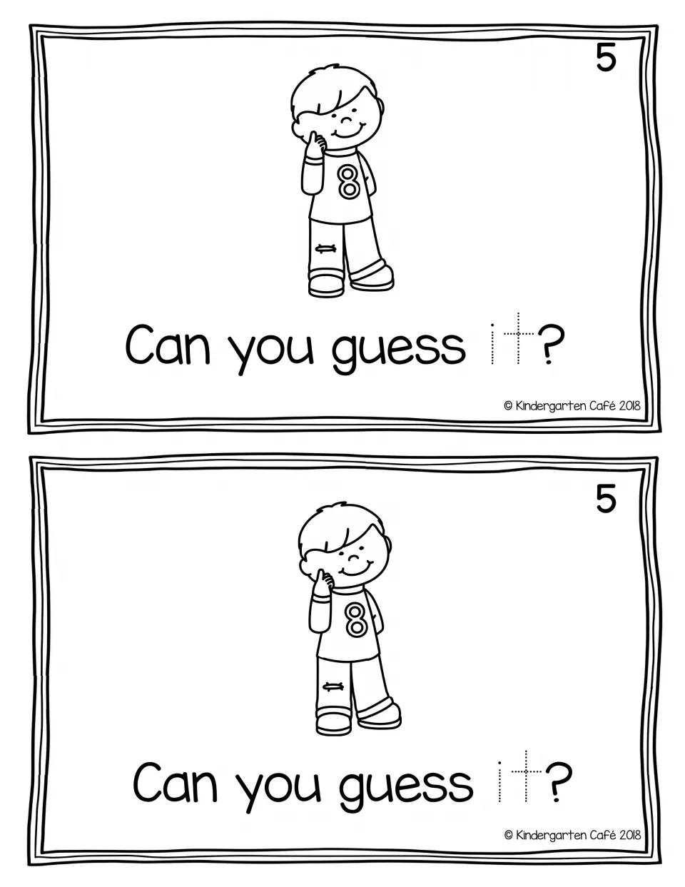 Reader page 5, printed twice: “Can you guess it?” accompanies a thinking child, with “it” dotted for tracing.