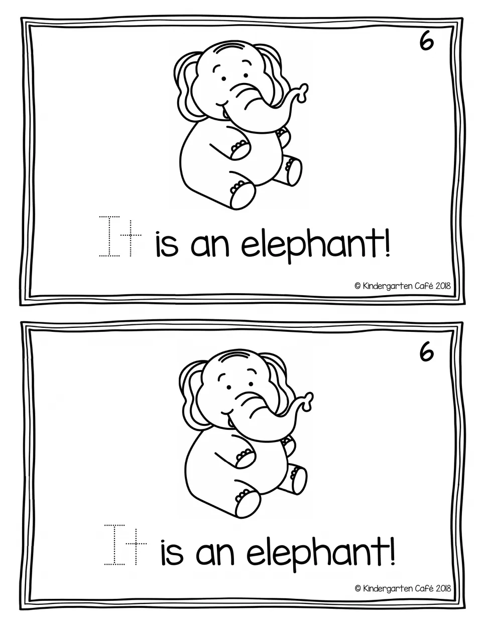 Reader page 6, printed twice: “It is an elephant!” reveals the animal with a drawing and dotted “It” to trace.