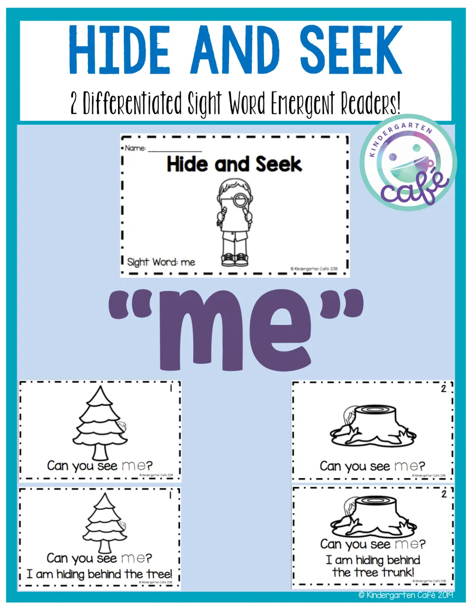 Hide and Seek cover for the sight word "me": 2 differentiated emergent readers, with sample booklet pages shown