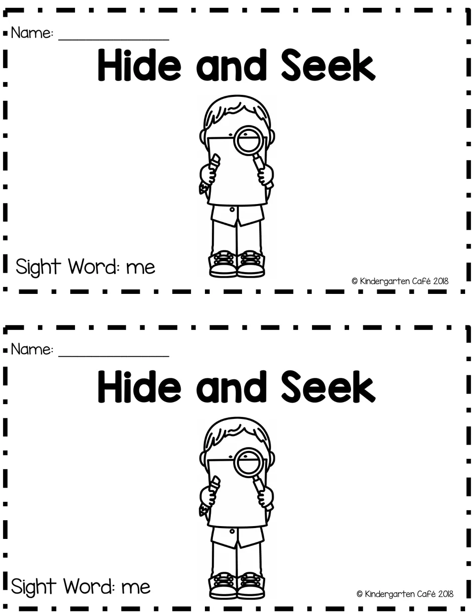 Booklet cover for the shorter "me" reader: Hide and Seek title, name line, Sight Word: me and a boy holding a magnifier