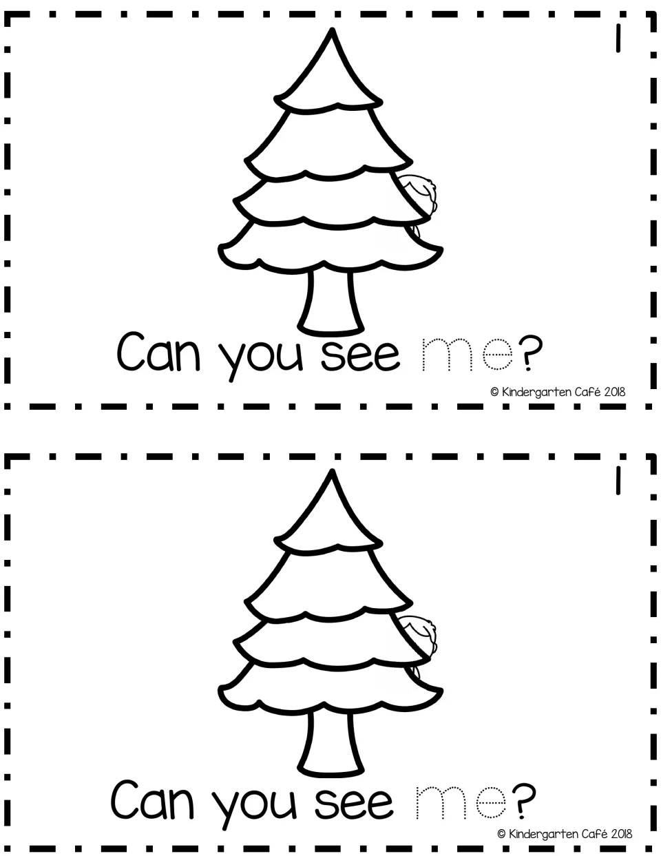 Reader page 1: a child peeks from behind a pine tree; students read "Can you see me?" and trace the dotted word me