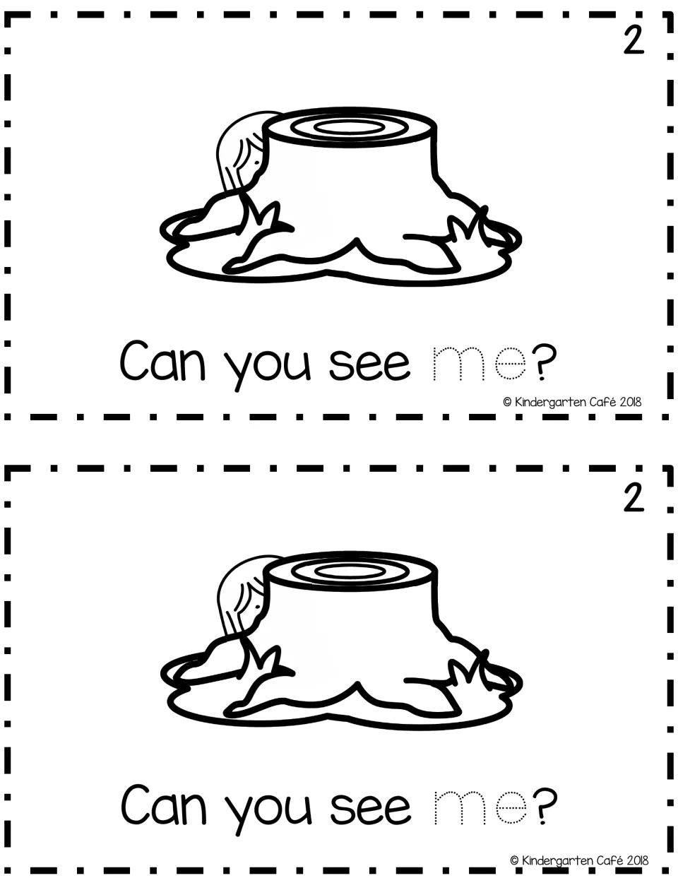 Reader page 2: a child hides behind a tree stump; students read "Can you see me?" and trace the sight word me
