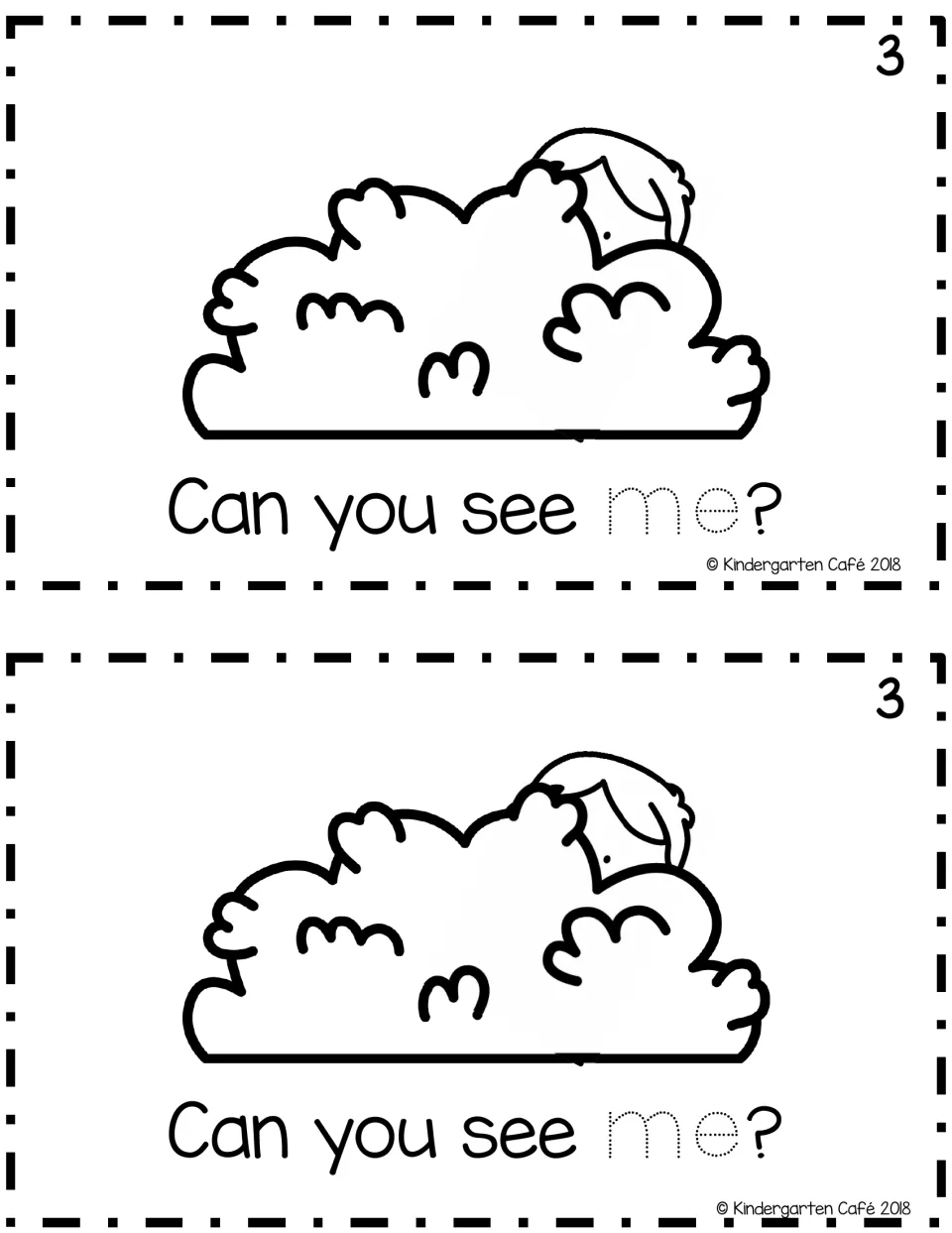 Reader page 3: a child peeks over a bush; students read "Can you see me?" and trace the dotted letters of me