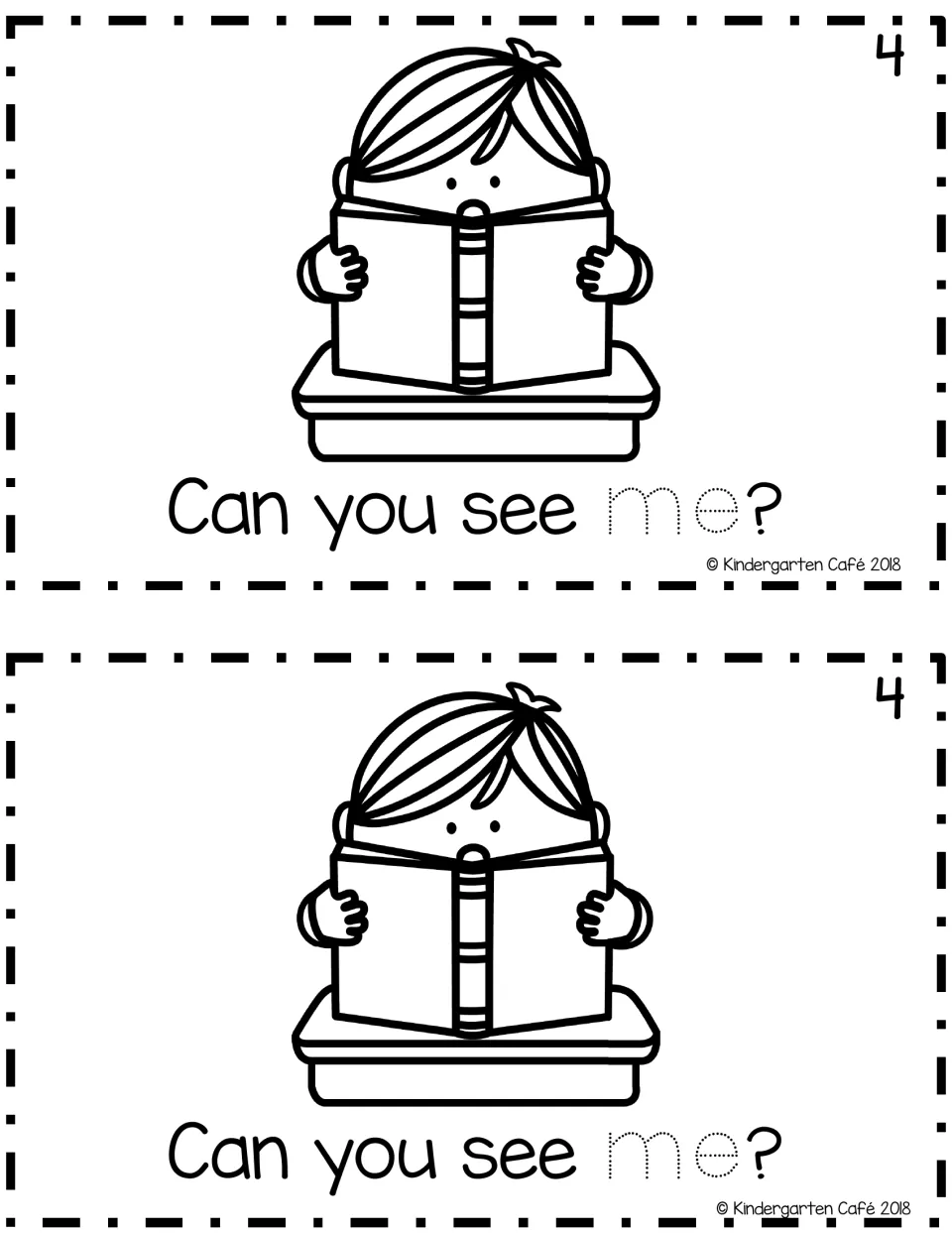 Reader page 4: a child hides behind an open book at a desk; students read "Can you see me?" and trace the word me