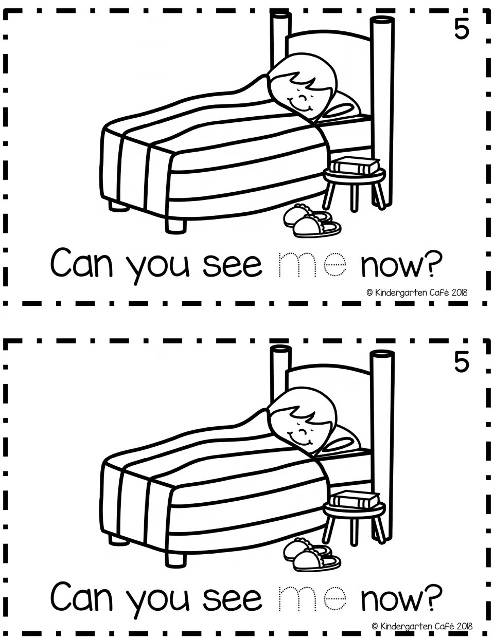 Reader page 5: a child sleeps under a blanket in bed; students read "Can you see me now?" and trace the sight word me