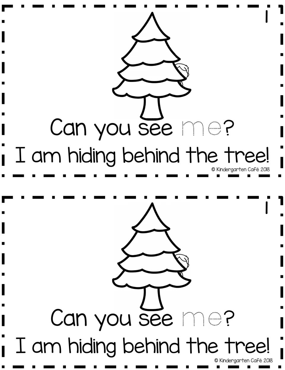 Longer reader page 1: child behind a pine tree with "Can you see me? I am hiding behind the tree!" and traceable me