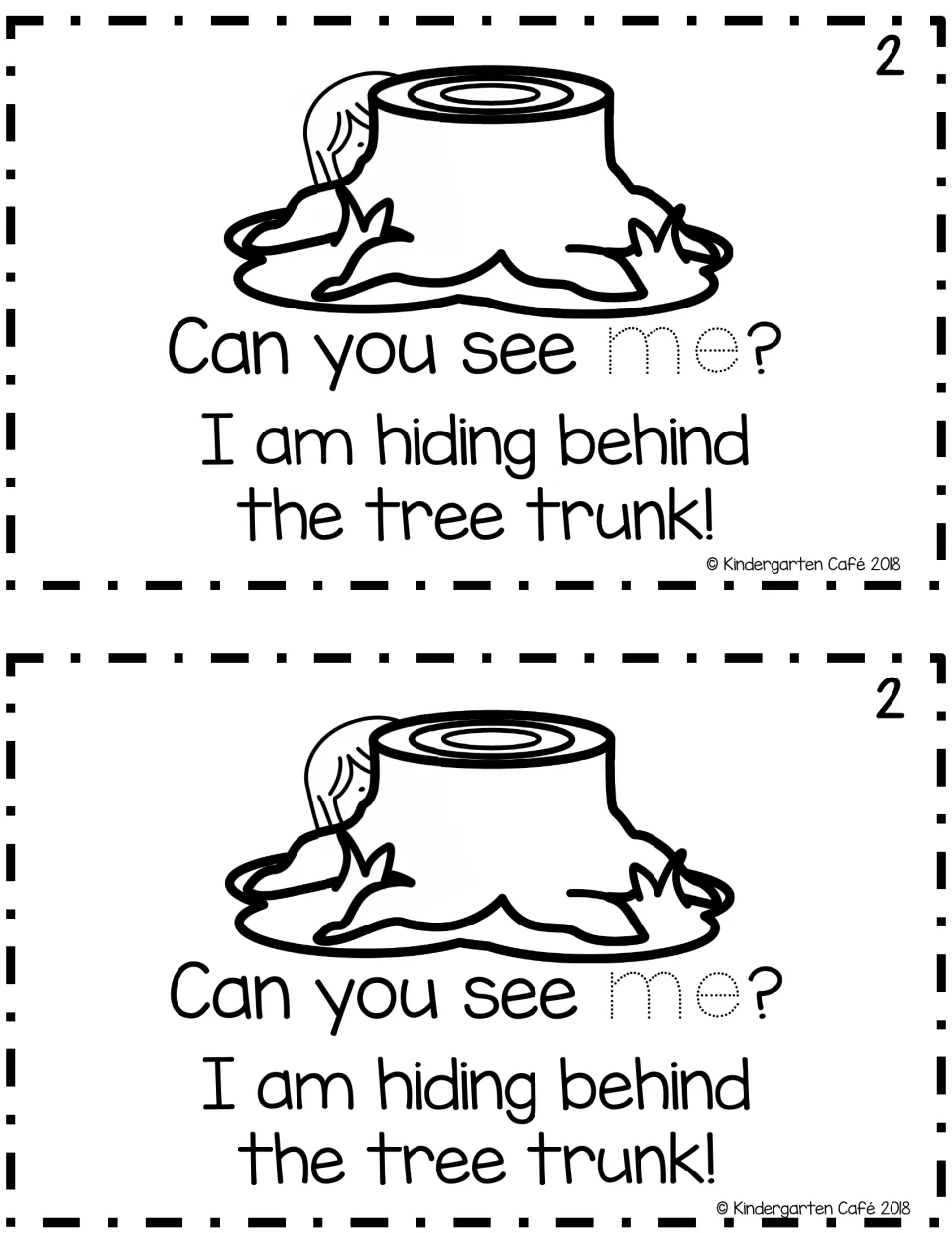 Longer reader page 2: child behind a stump with "Can you see me? I am hiding behind the tree trunk!" and traceable me