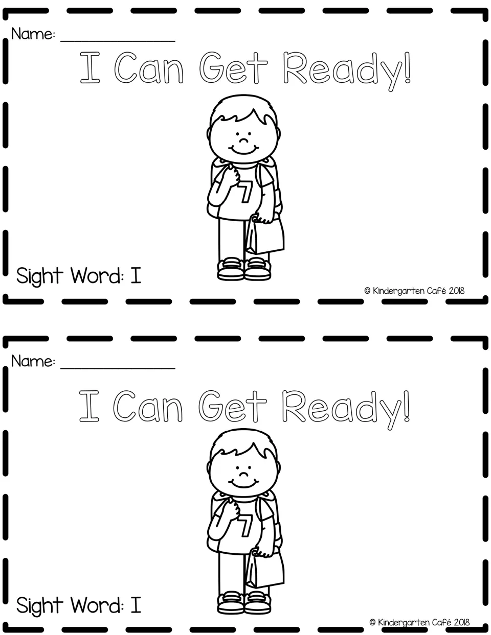 Booklet cover printed twice: 'I Can Get Ready!' with a child carrying school bags and 'Sight Word: I.'