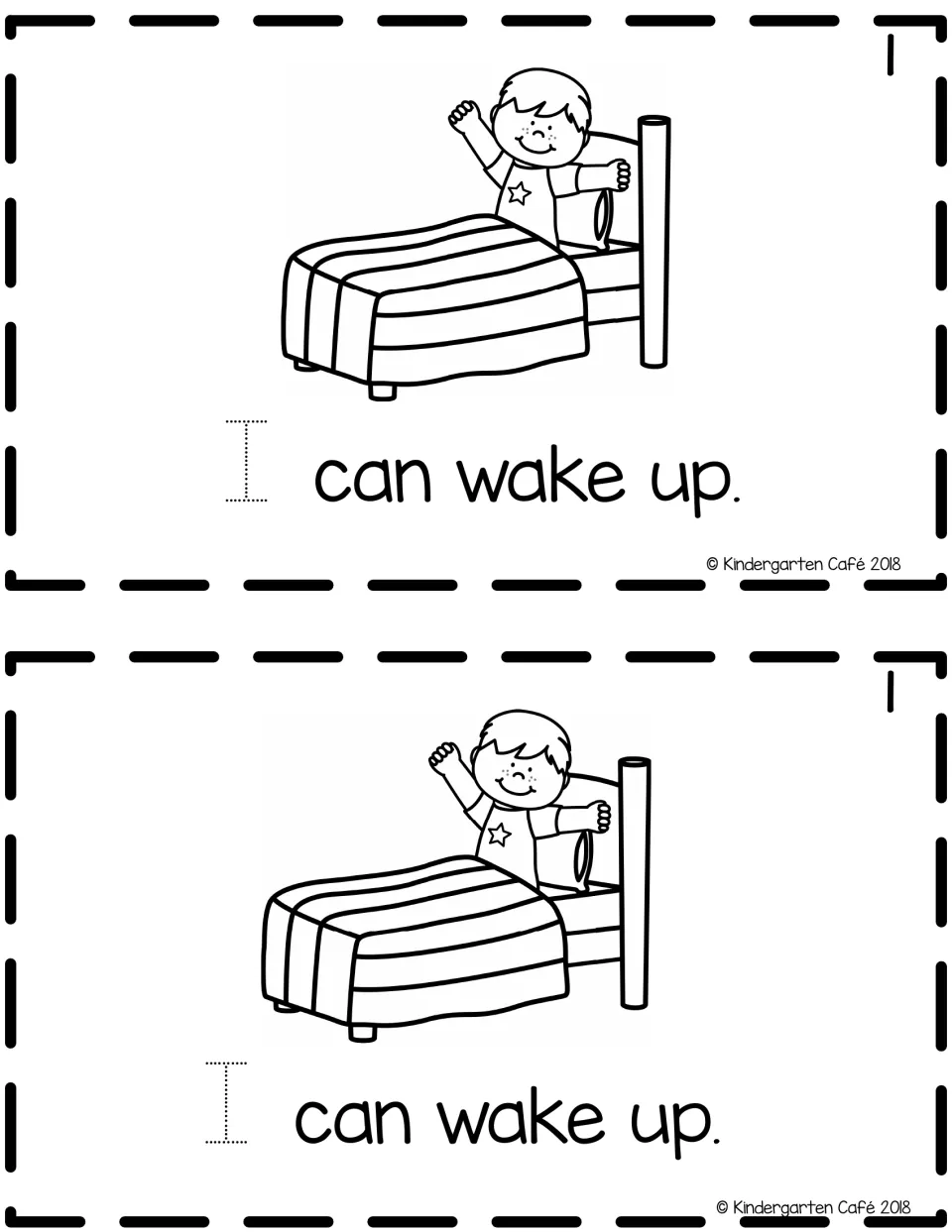 Reader page 1, printed twice: 'I can wake up.' with a traceable 'I' and a child stretching in bed.