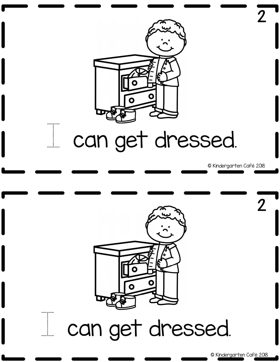 Reader page 2, printed twice: 'I can get dressed.' with a traceable 'I' and a child beside a dresser.