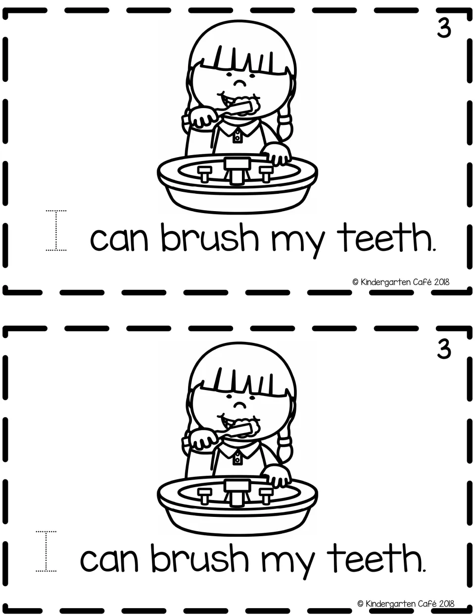 Reader page 3, printed twice: 'I can brush my teeth.' with a traceable 'I' and a child brushing at a sink.