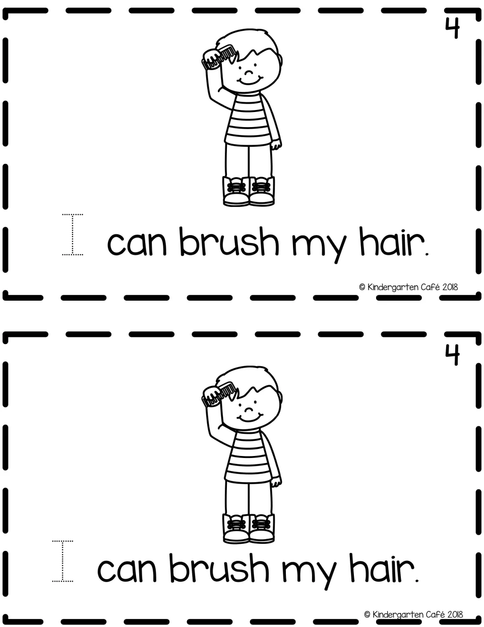 Reader page 4, printed twice: 'I can brush my hair.' with a traceable 'I' and a child holding a comb.