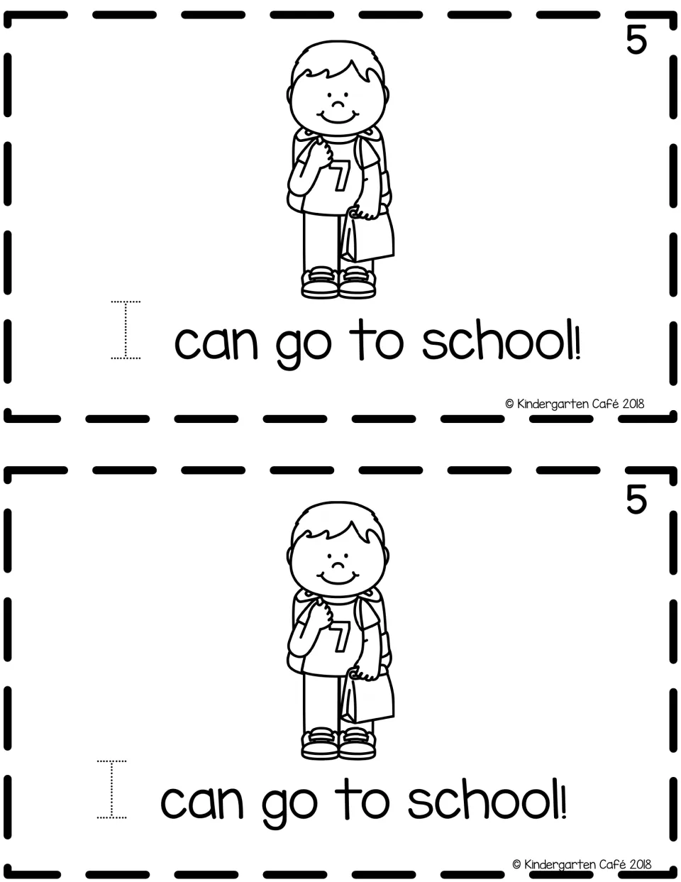 Reader page 5, printed twice: 'I can go to school!' with a traceable 'I' and a child carrying school bags.