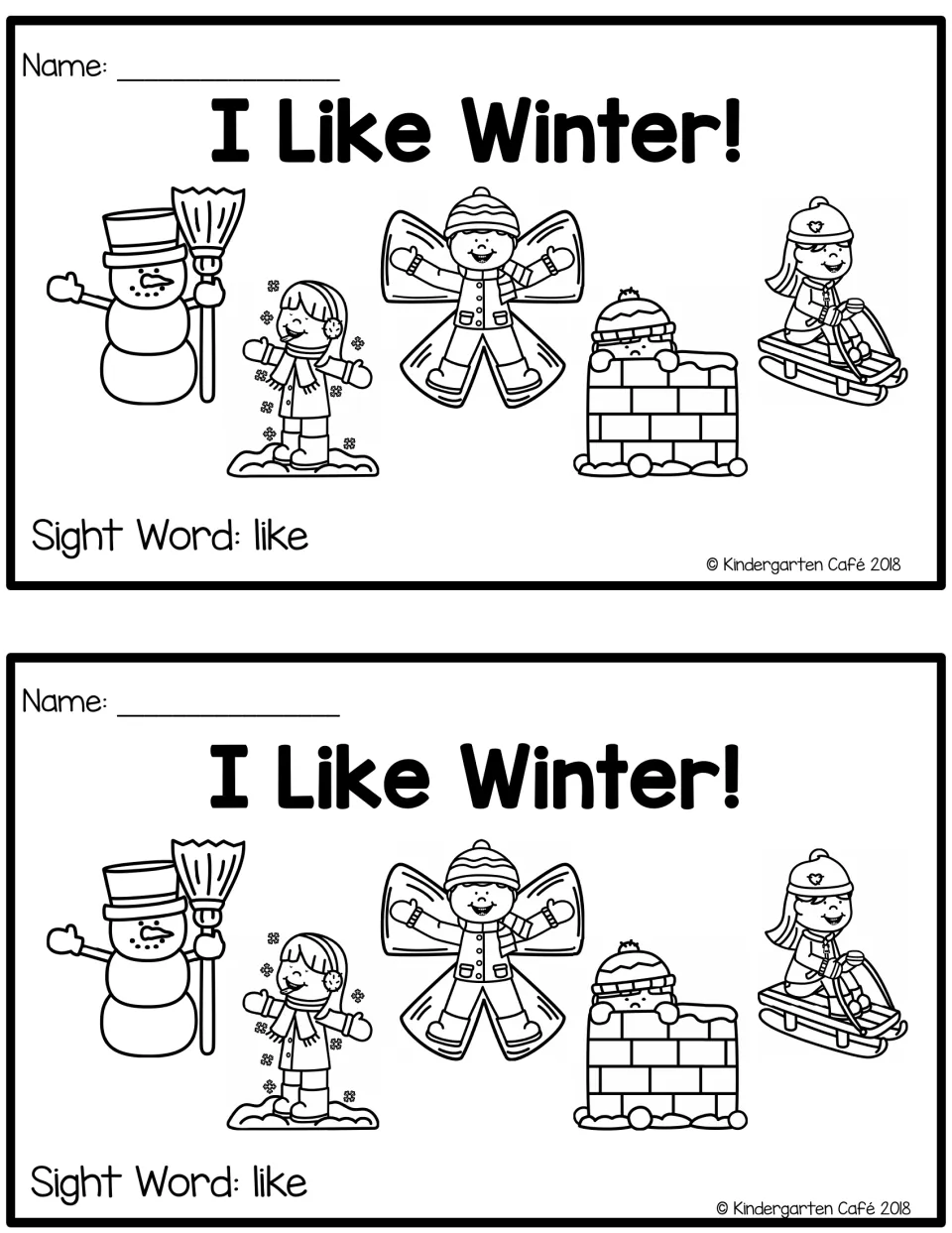 Two copies of the “I Like Winter!” booklet cover, each labeled “Sight Word: like” with winter activity pictures.
