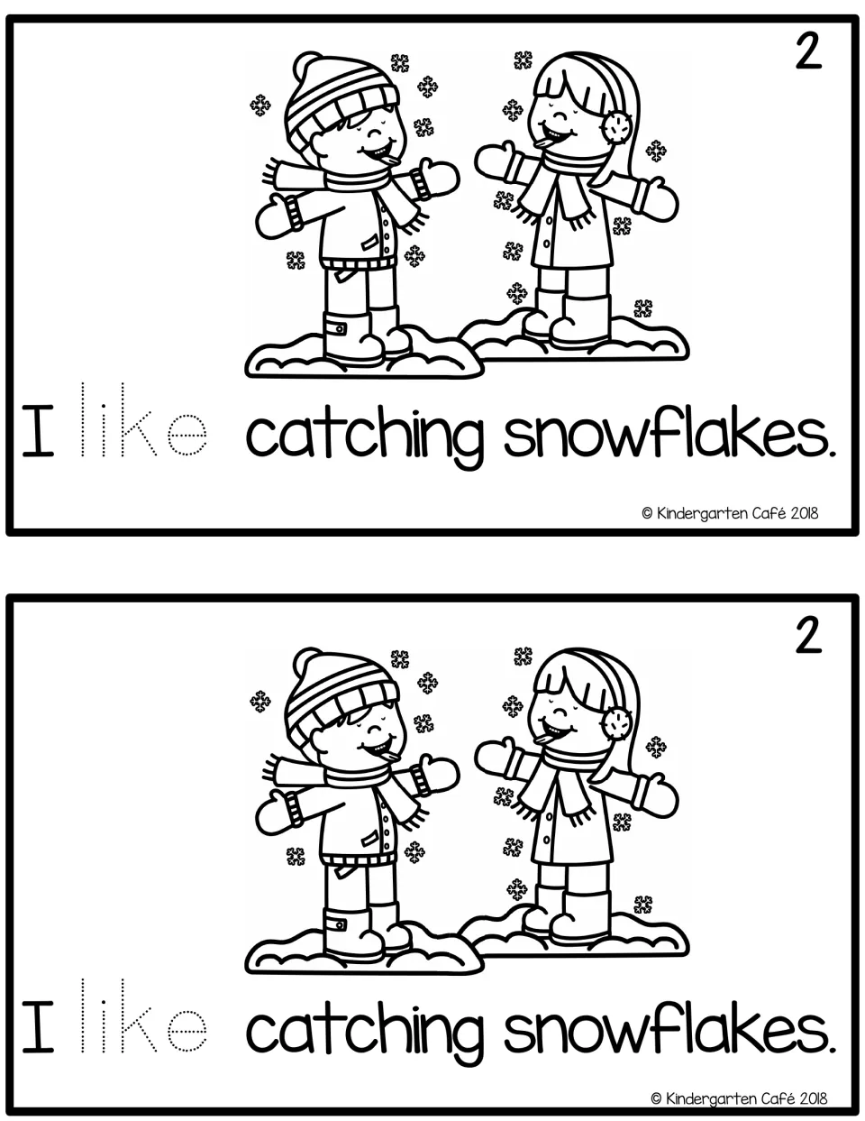 Reader page 2, printed twice: “I like catching snowflakes.” Children catch snowflakes; “like” is dotted.