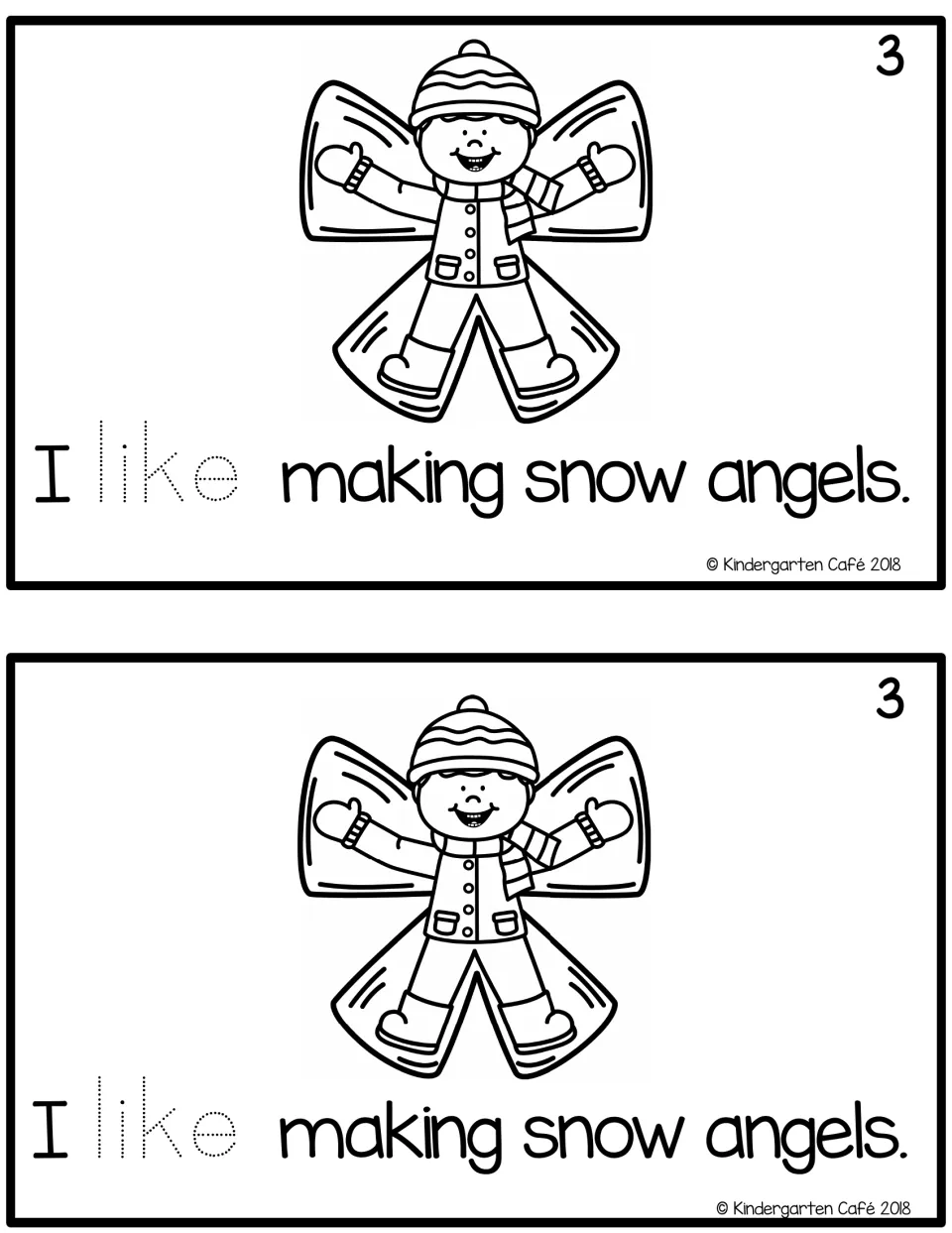 Reader page 3, printed twice: “I like making snow angels.” A child makes a snow angel; “like” is dotted.