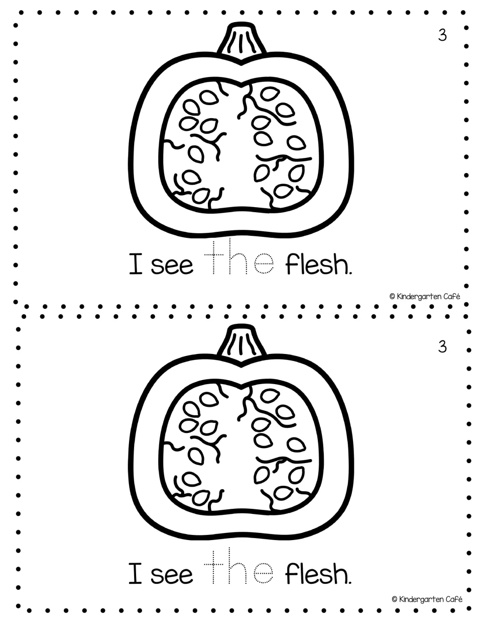 Reader page 3, printed twice: a halved pumpkin seen from inside and the sentence I see the flesh, with dotted the to trace