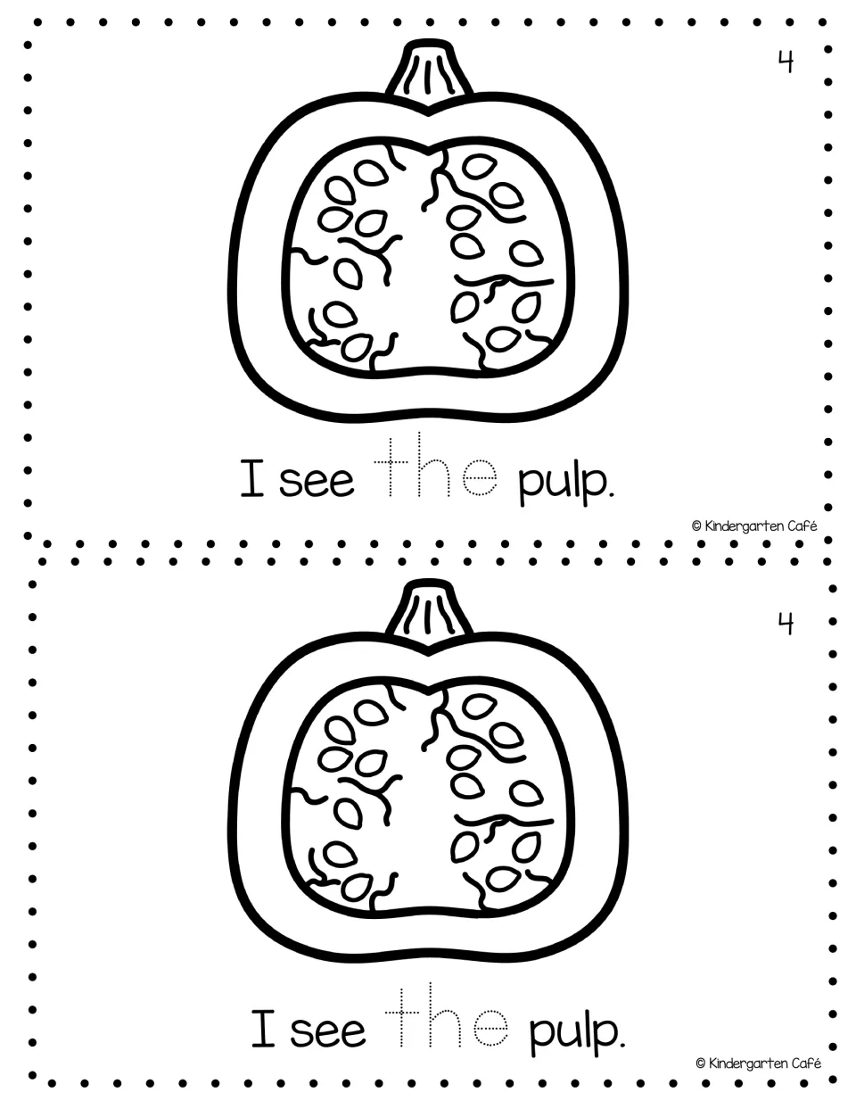 Reader page 4, printed twice: pumpkin cross-section with stringy insides and seeds over I see the pulp, tracing the word the