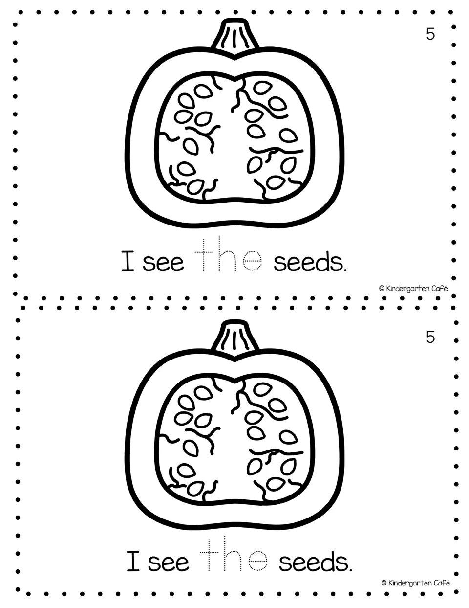 Reader page 5, printed twice: halved pumpkin full of seeds with the last sentence I see the seeds and a dotted the to trace
