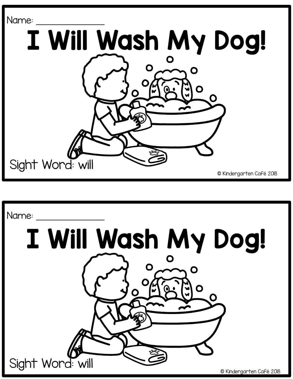 Booklet cover printed twice: “I Will Wash My Dog!” with a child bathing a dog and the label “Sight Word: will”