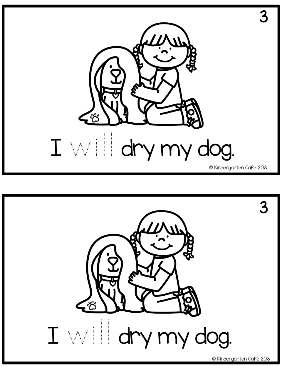 Reader page 3 printed twice: “I will dry my dog.” with a child toweling a dog and dotted “will” to trace