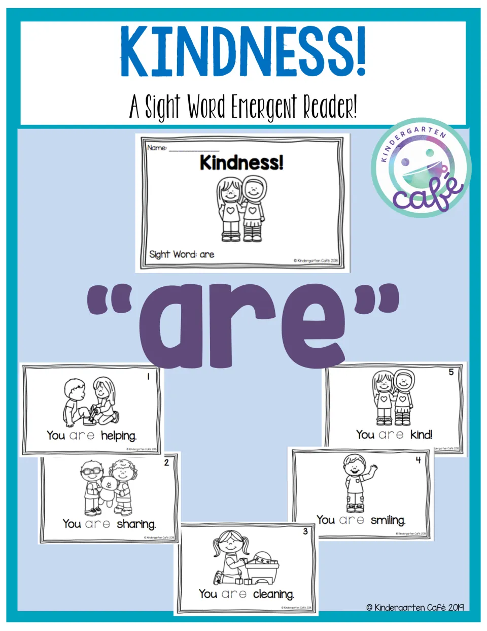 Preview of the kindness sight word reader, showing its cover and all five reading pages focused on "are".