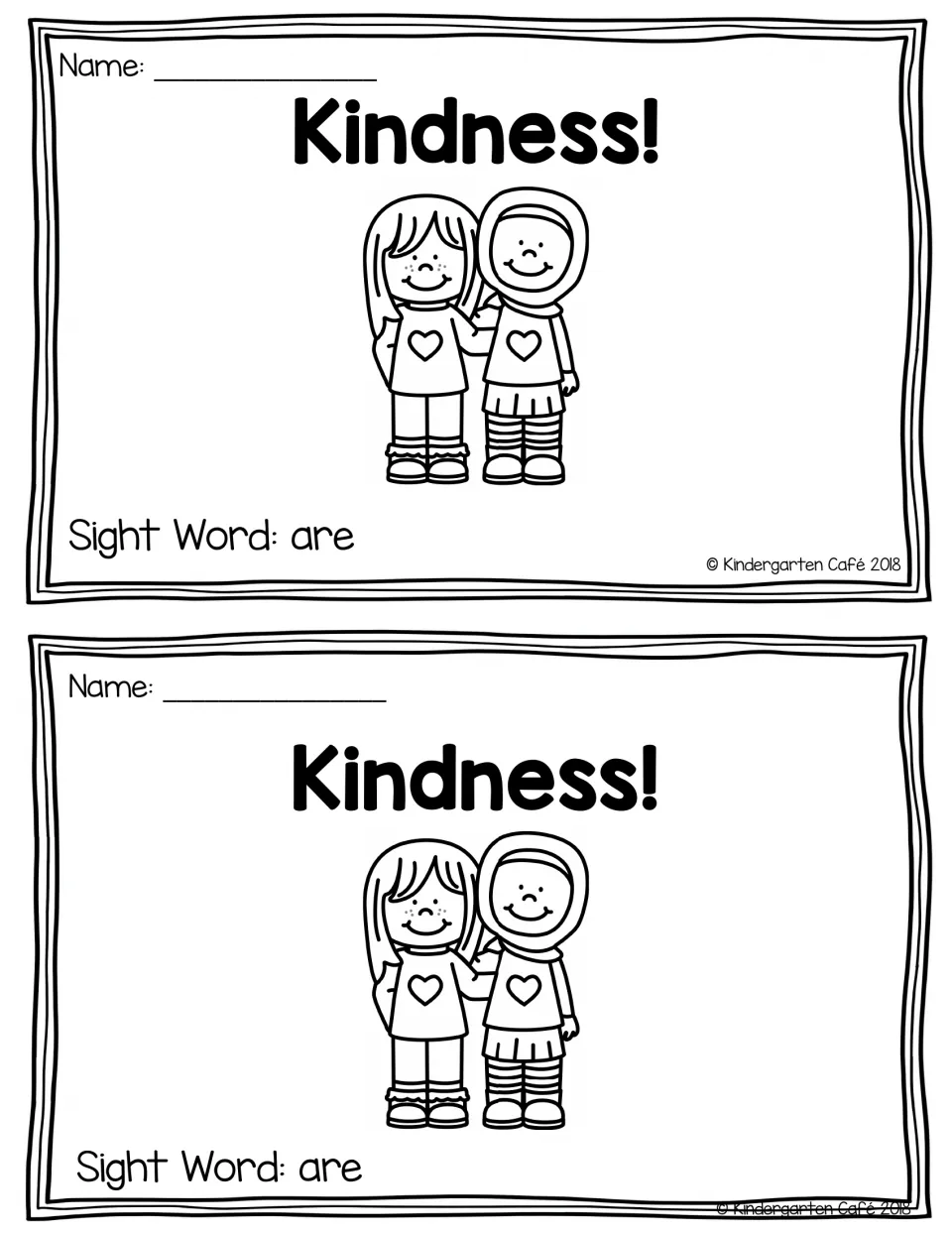 Two copies of the mini book cover titled "Kindness!", labeled "Sight Word: are", with two children together.
