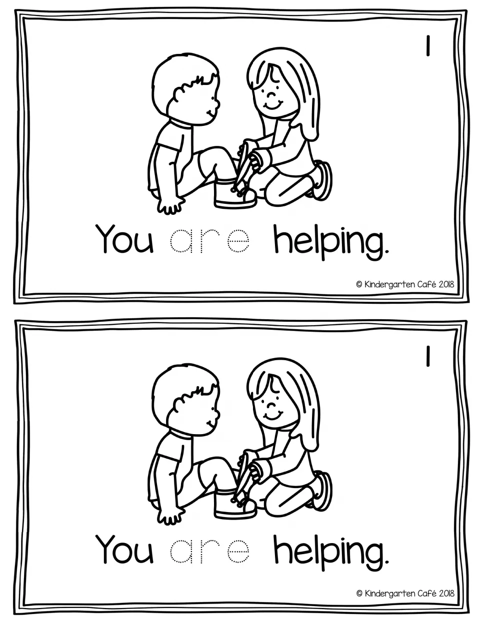 Reader page 1, printed twice: "You are helping." with traceable "are" and a child helping tie a shoe.
