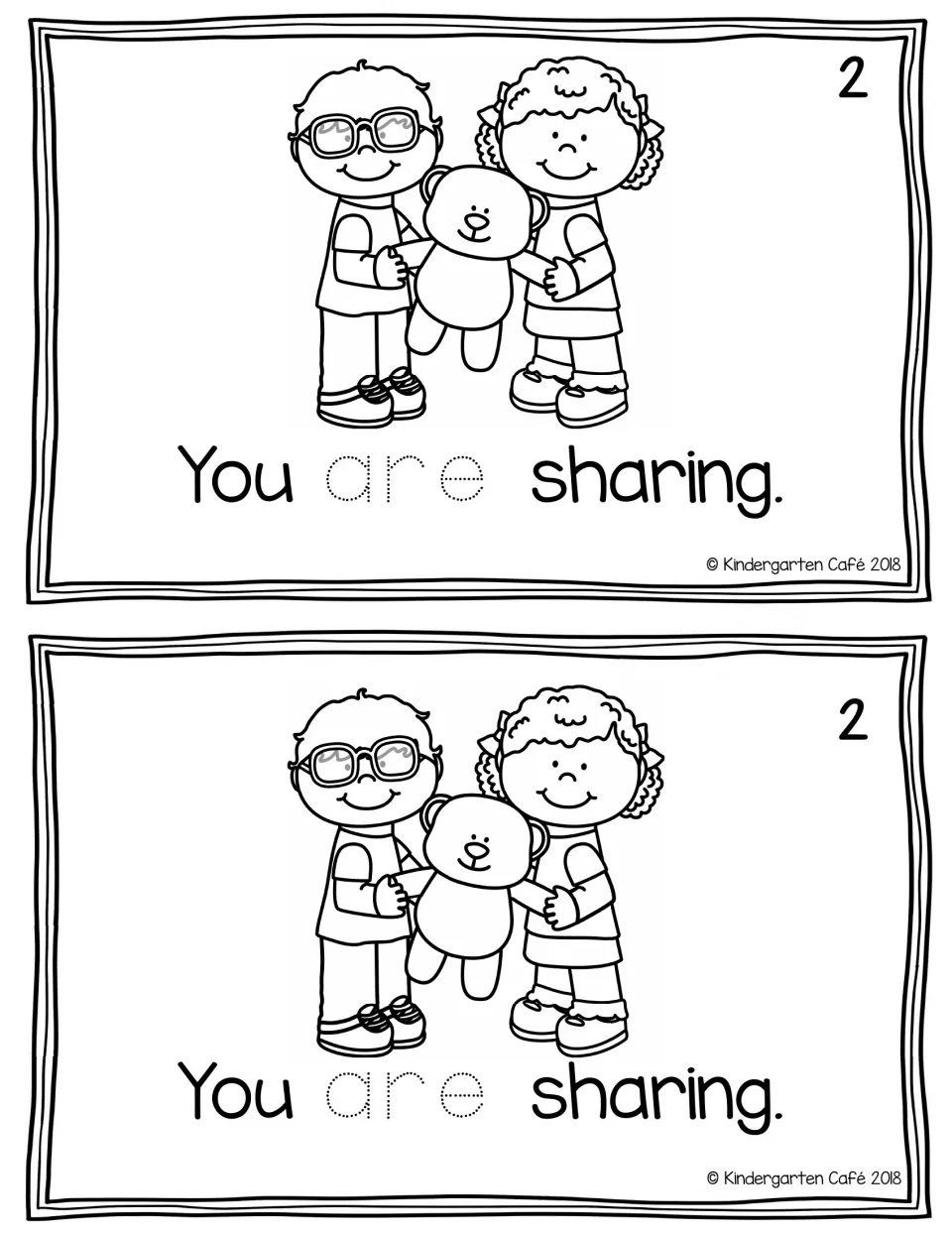 Reader page 2, printed twice: "You are sharing." with traceable "are" and two children sharing a teddy bear.