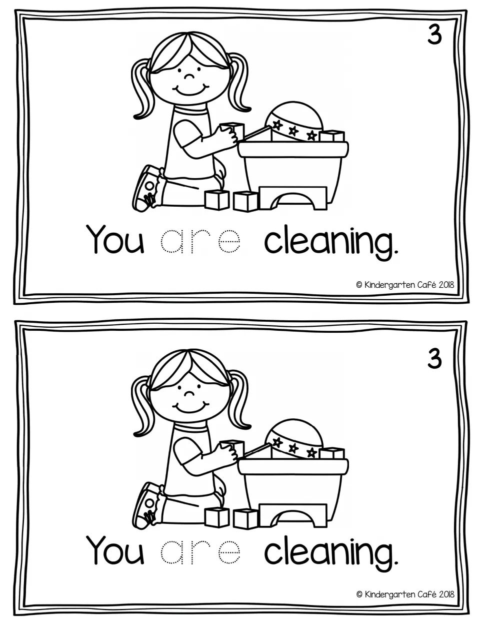 Reader page 3, printed twice: "You are cleaning." with traceable "are" and a child putting toys in a bin.
