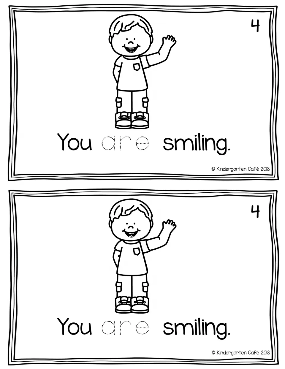 Reader page 4, printed twice: "You are smiling." with traceable "are" and a smiling child waving.
