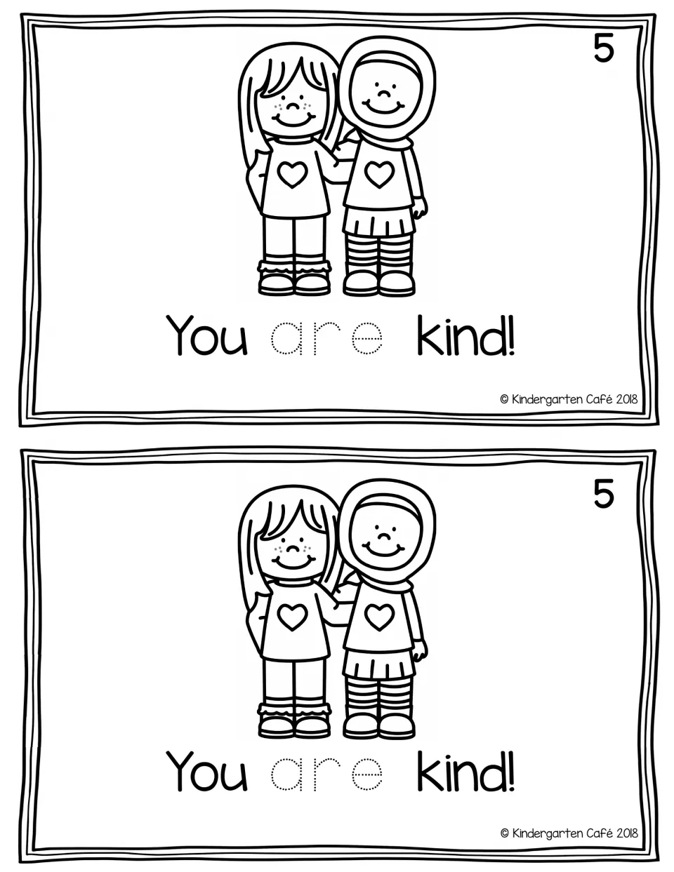 Reader page 5, printed twice: "You are kind!" with traceable "are" and two children standing together.