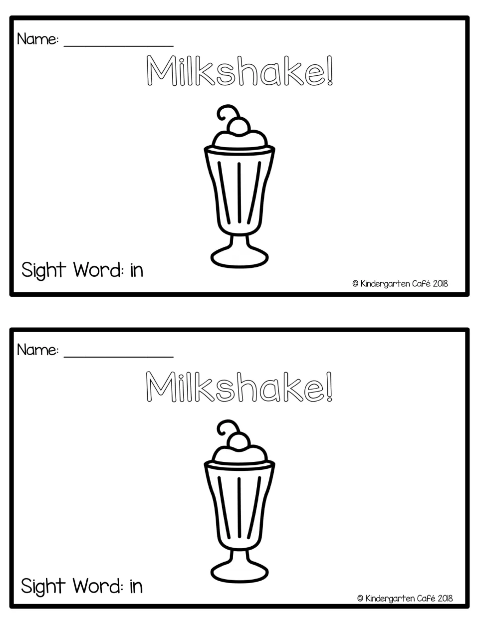 Two copies of the booklet cover show "Milkshake!", a milkshake illustration, and the label "Sight Word: in"